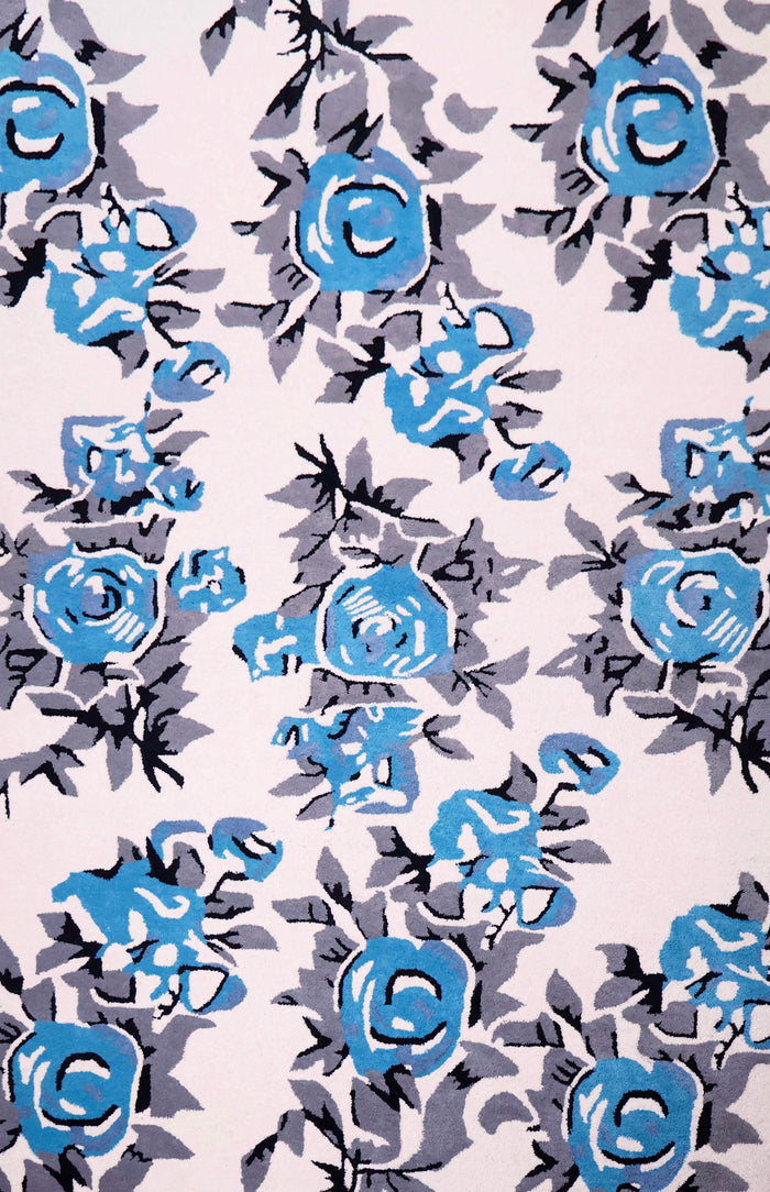 Floral Tuffted Blue Wool Rug